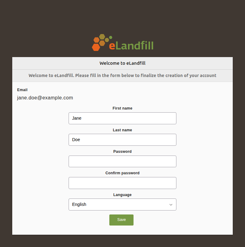The Welcome to eLandfill form with email, first name, last name, password, confirm password and language