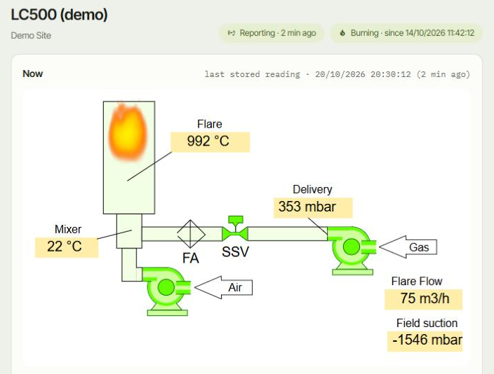 The flare page: status, diagram and current values