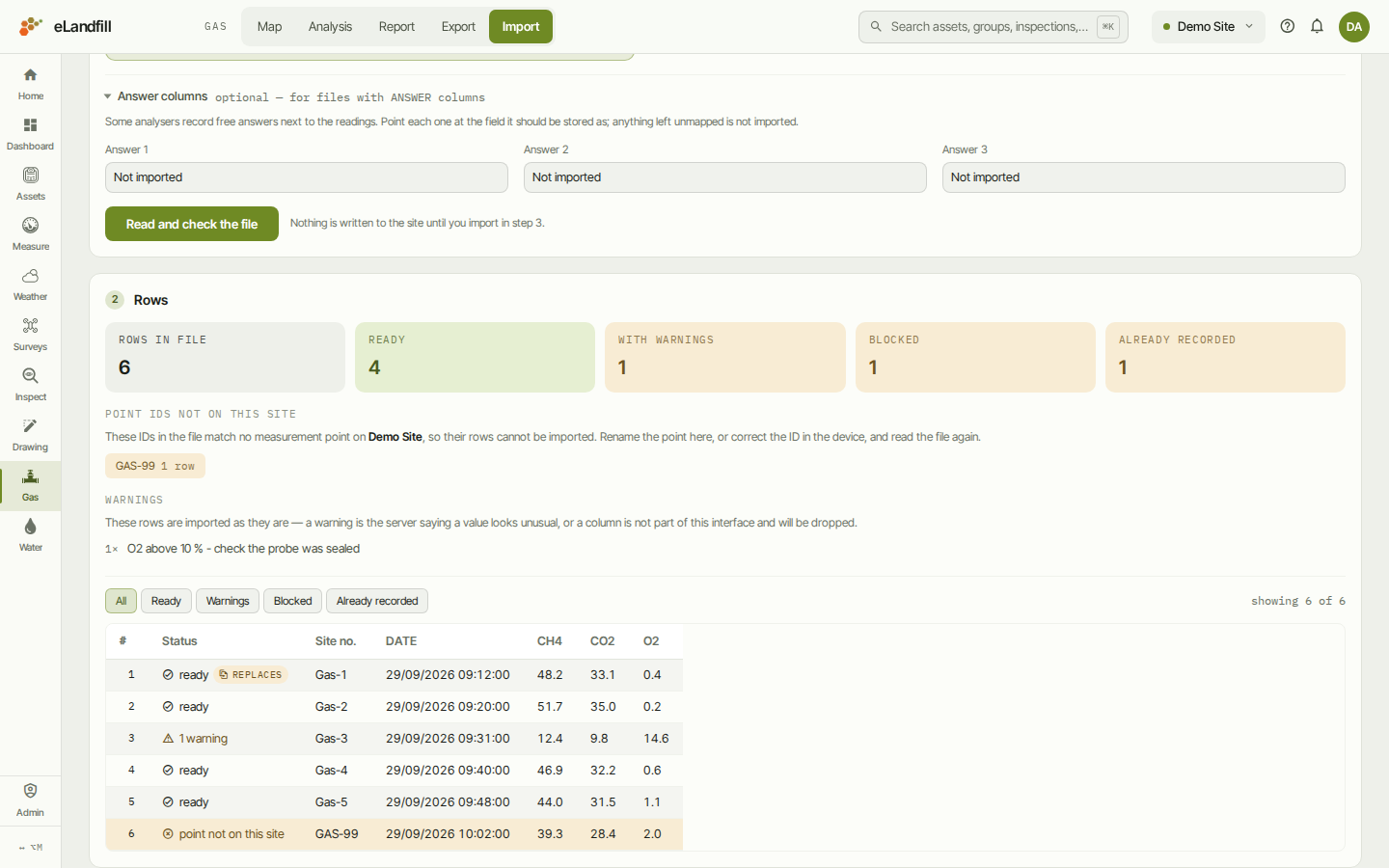 Step 2: the rows of a sample file, one with an unknown point "GAS-99"
