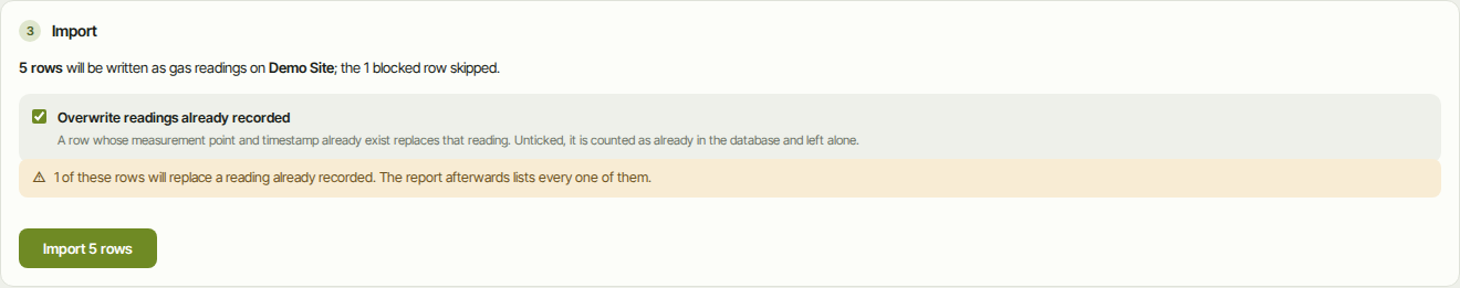 Step 3: the overwrite choice and the Import button