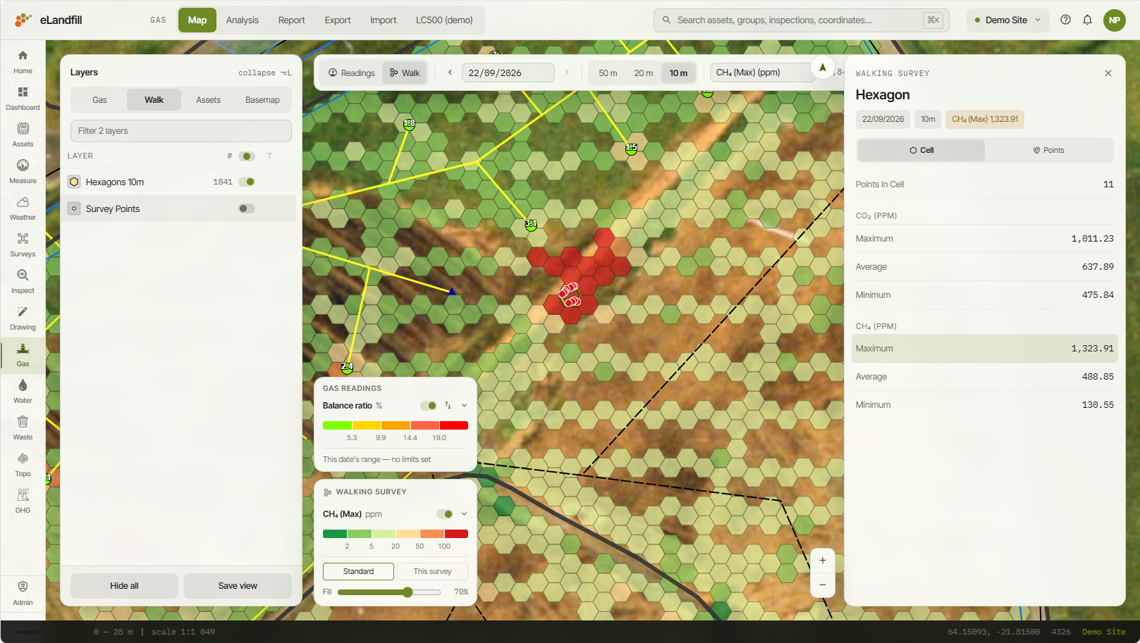 A 10 m walking survey: the Walk tab of the Layers panel, and a cell open in the Hexagon panel