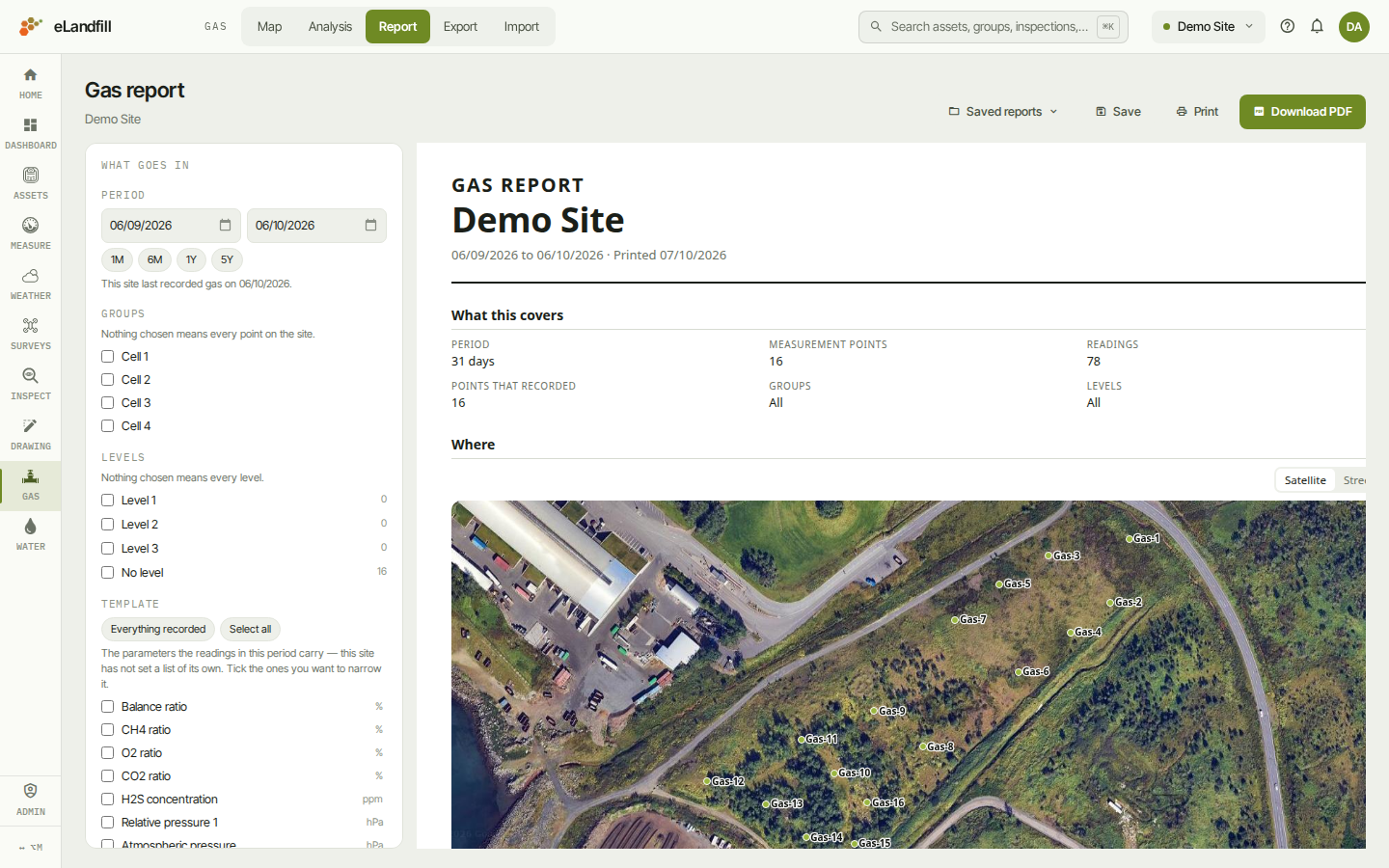 The gas report page: choices on the left, the preview on the right