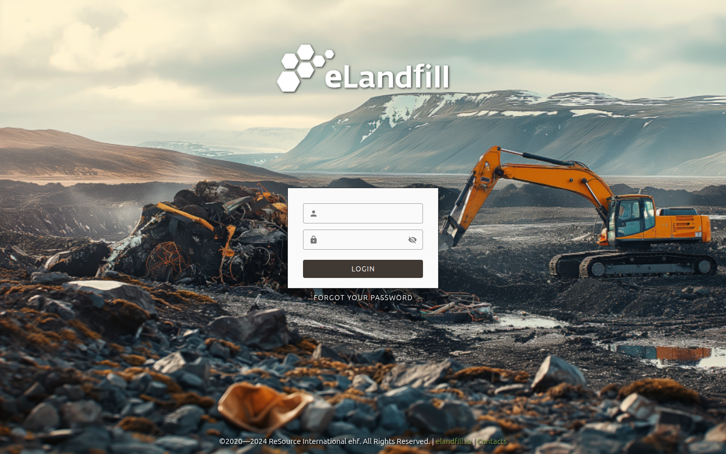 The eLandfill login page with email and password fields, the LOGIN button and the FORGOT YOUR PASSWORD link