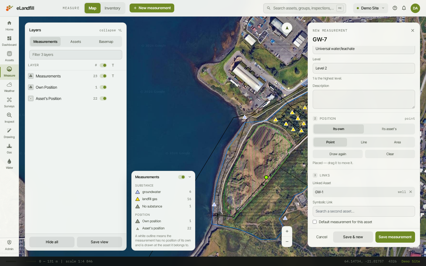The New measurement panel with a name, level, position and linked asset filled in