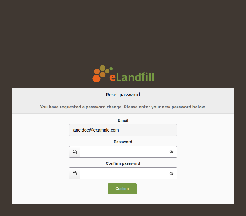 The Reset password page with password and confirm password fields and the Confirm button